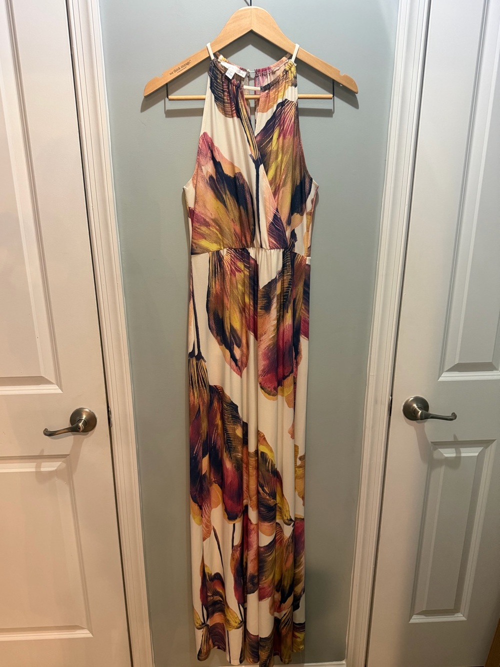 London Times Cream Maxi Dress with Pink, Purple and Yellow Brushstroke Floral